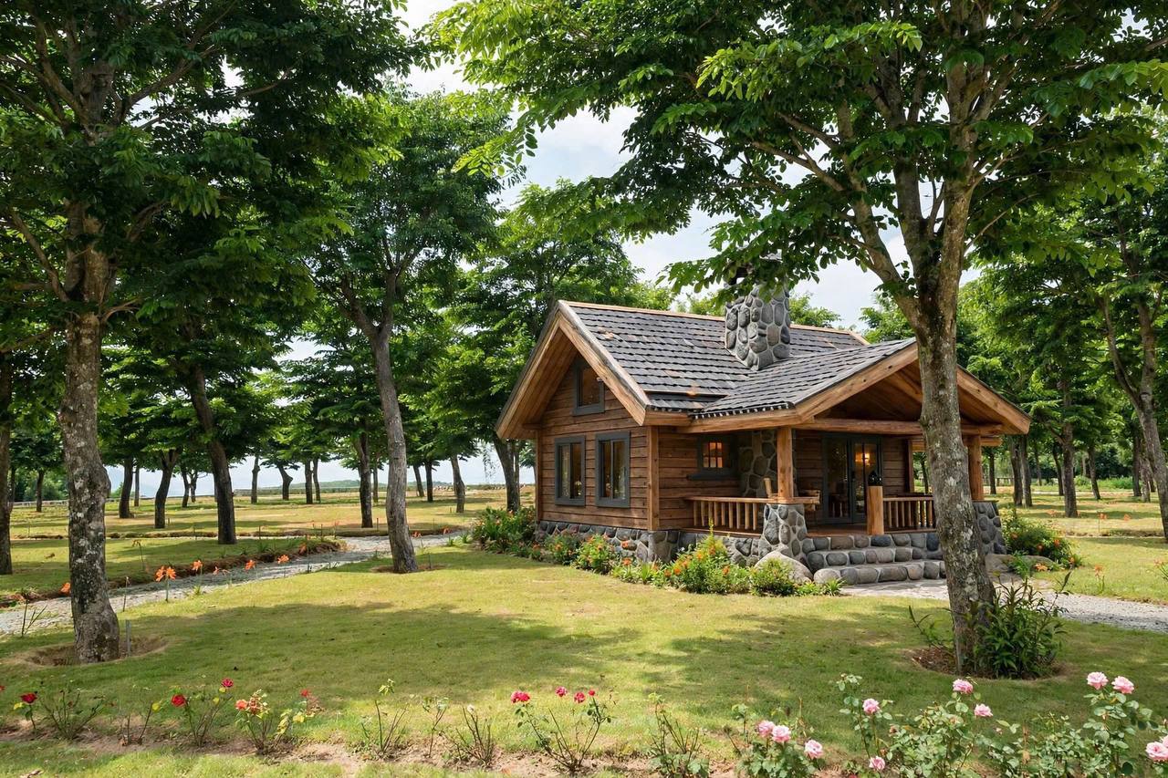 Moodboard cabin gỗ giữa vườn cây